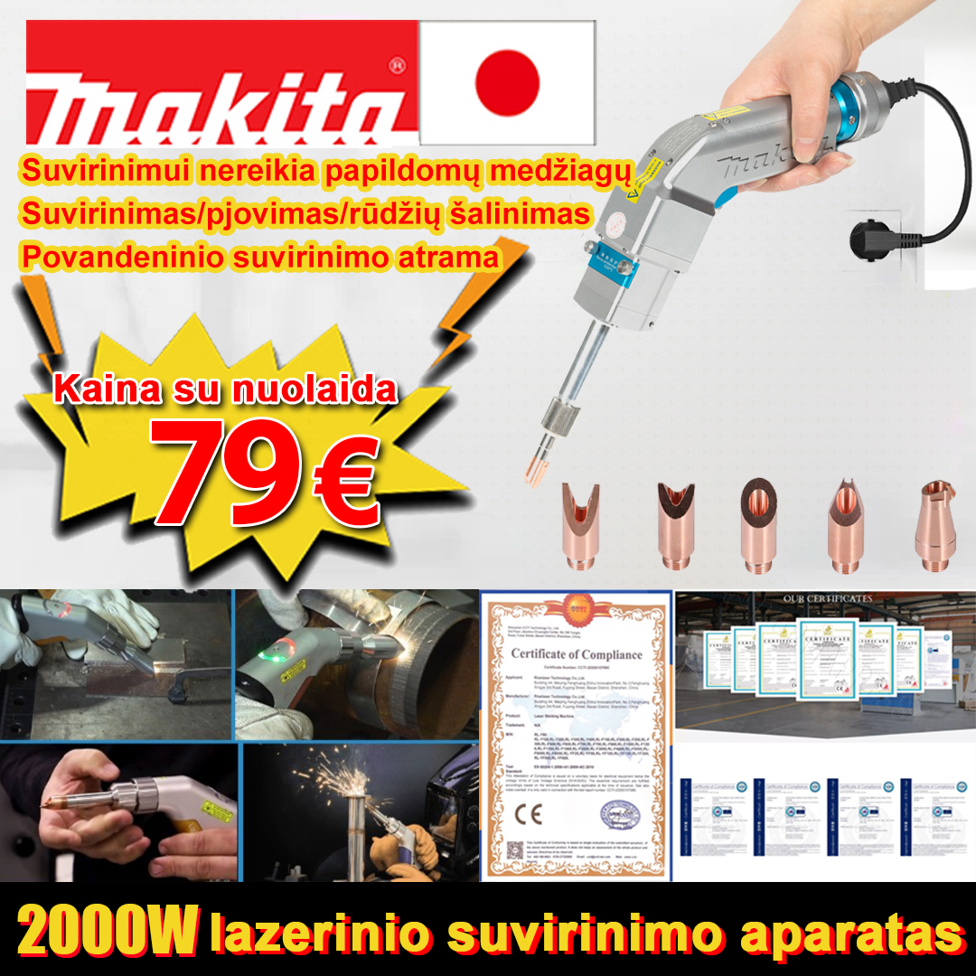 【Makita】2000W daugiafunkcinis lazerinio suvirinimo aparatas (virinamas auksas/sidabras/varis/geležis/aliuminis/nerūdijantis plienas) suvirinimo storis 0-5mm (suvirinimas/pjovimas 2 in 1) - 79 €