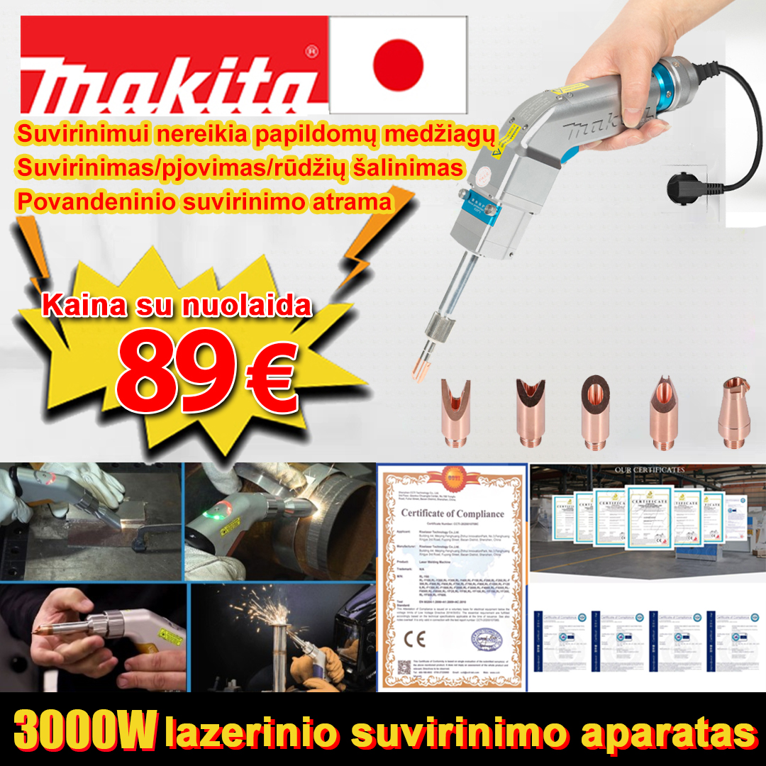 【Makita】3000W daugiafunkcinis lazerinio suvirinimo aparatas (virinamas auksas/sidabras/varis/geležis/aliuminis/nerūdijantis plienas) suvirinimo storis 0-10mm (suvirinimas/pjovimas/rūdžių šalinimas 3 in 1) - 89 €